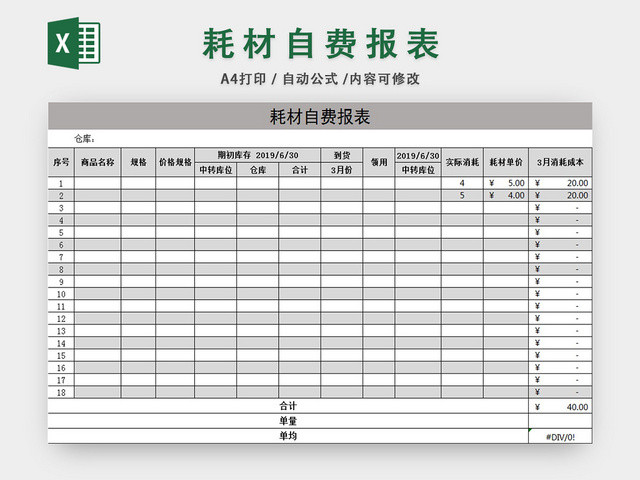 企业公司耗材自费报表
