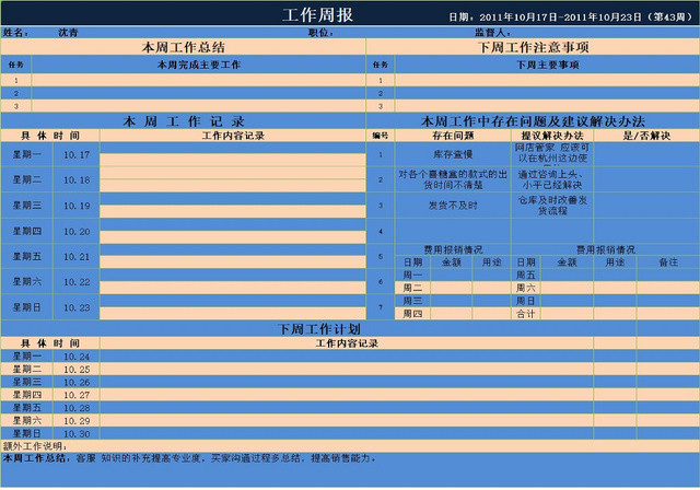 个人工作周报记录表