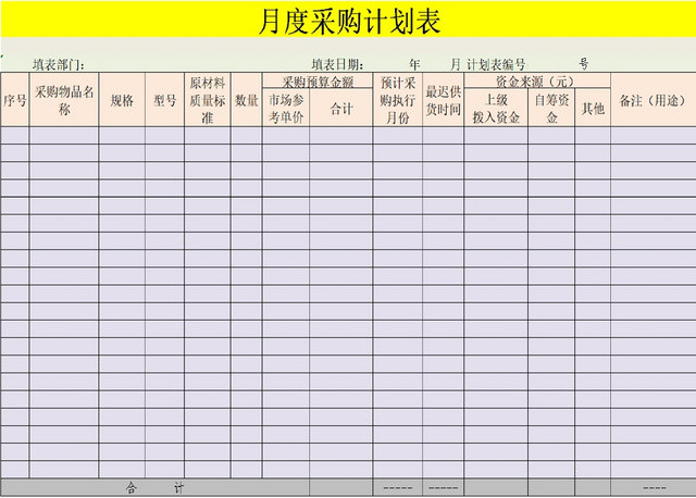 公司月度采购计划表