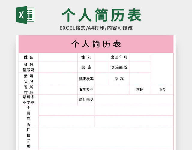 粉色护士个人简历表EXCEL模板