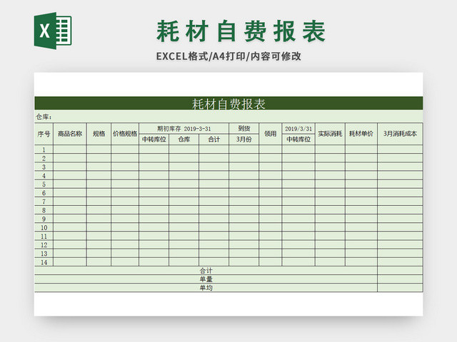 绿色耗材自费报表EXCEL模板