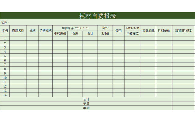 绿色耗材自费报表EXCEL模板