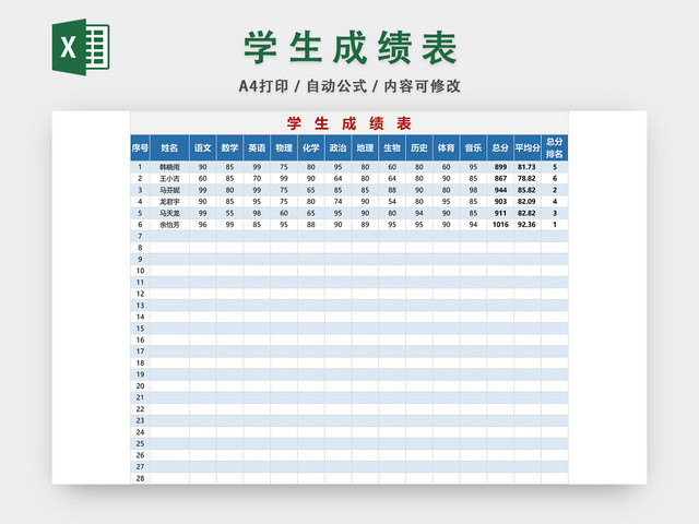 学生成绩表设计EXCEL模板