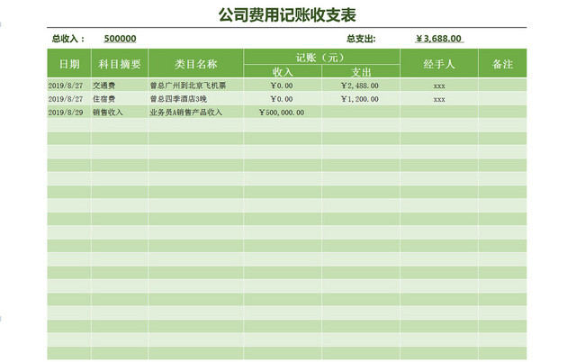 绿色公司费用记账收支明细EXCEL表