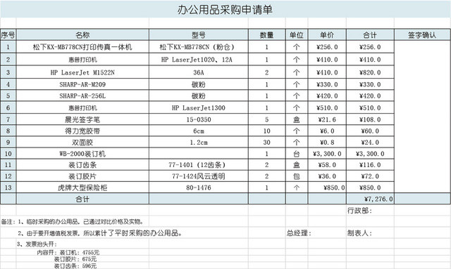 办公用品采购申请单表格设计EXCEL模板