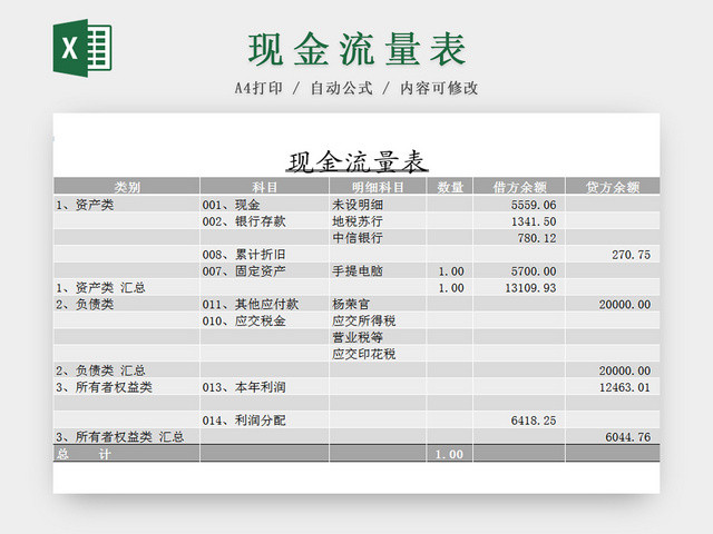 财务会计现金流量EXCEL表