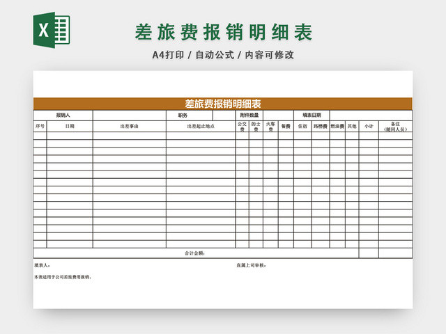 差旅费用报销明细表格设计EXCEL模板