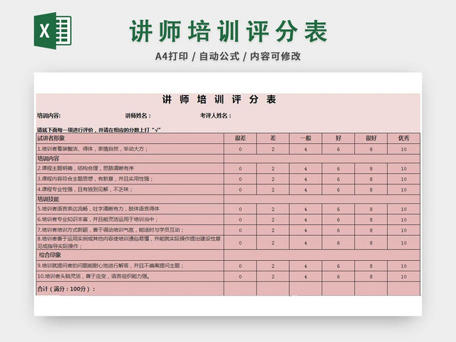 培训评分表