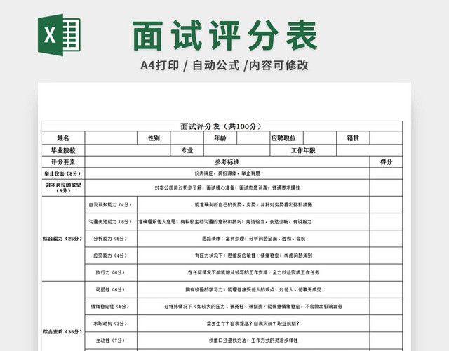面试评分表应聘登记表