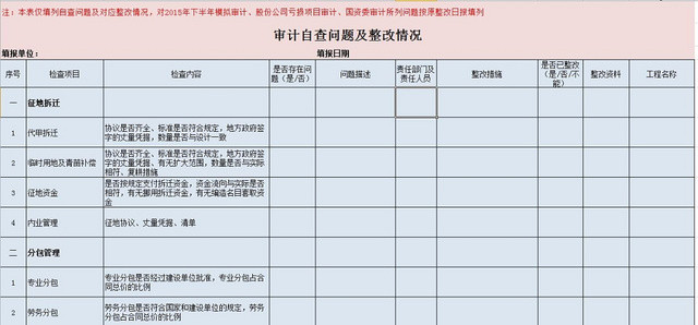 审计自查问题及整改工作表