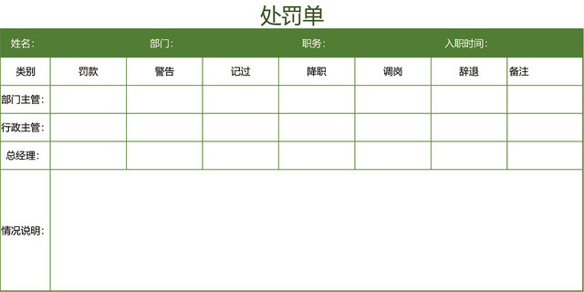 公司部门处罚单EXCEL模板