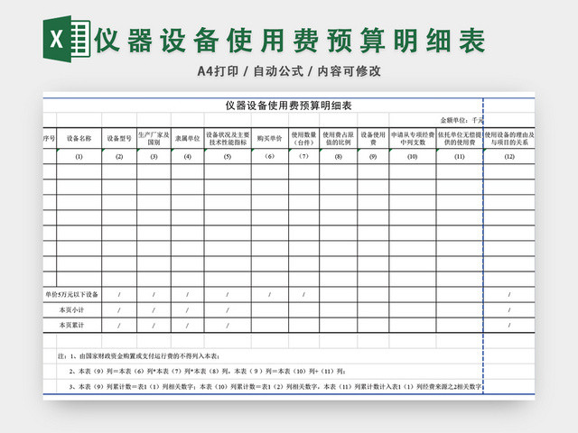 仪器设备使用费预算明细表EXCEL模板