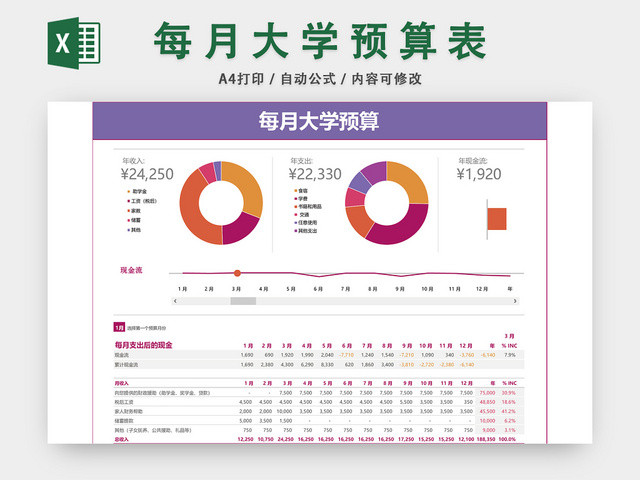 每月大学预算表EXCEL模板