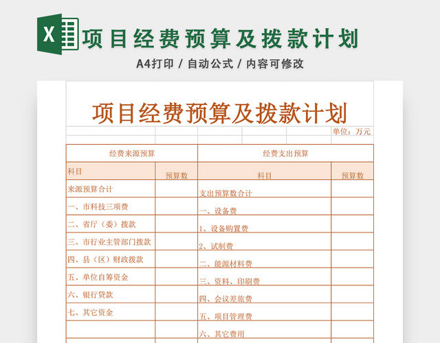 项目经费预算拨款计划表EXCEL模板