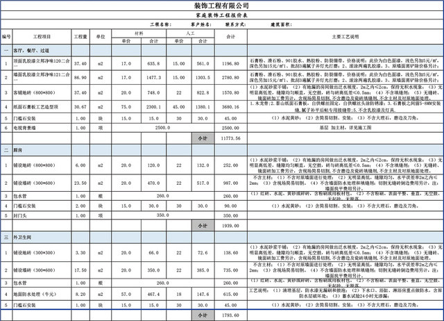 家庭装饰工程报价表预算表EXCEL模板