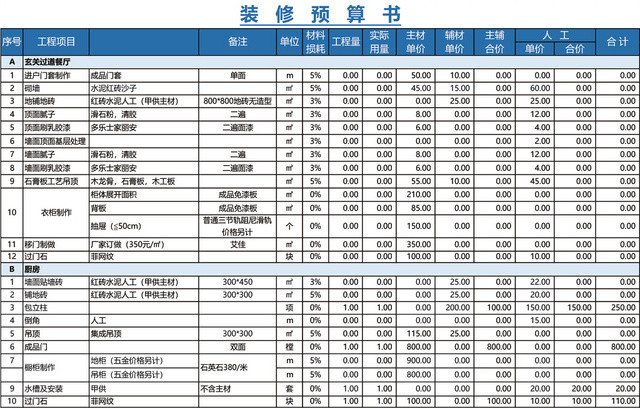 装修预算表EXCEL模板