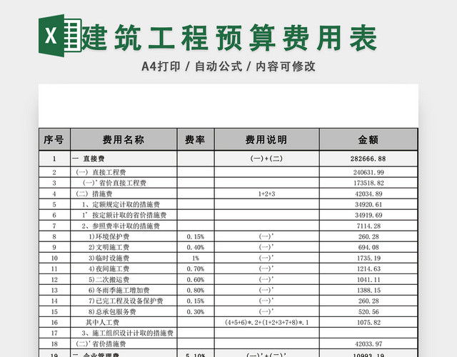 建筑工程预算费用表EXCEL模板