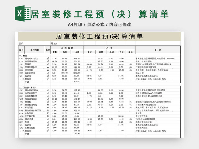 居室装修工程预算表EXCEL模板