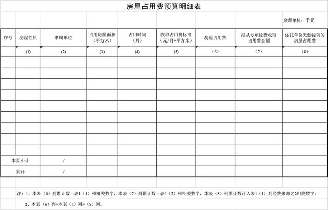 房屋占用费预算明细表EXCEL模板