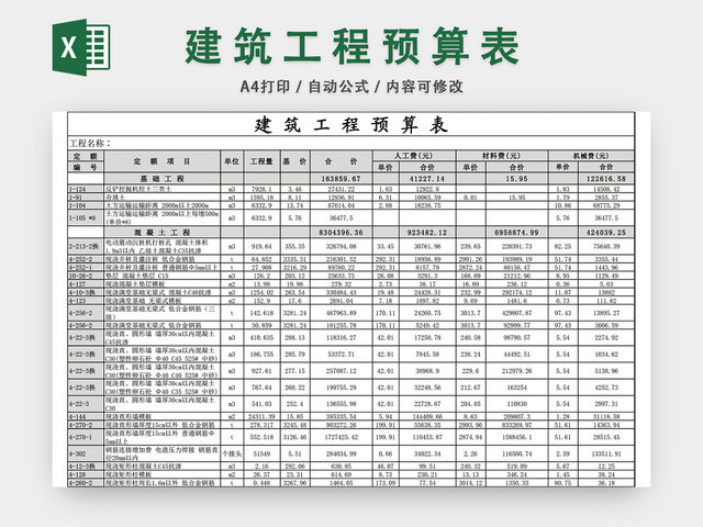 建筑工程预算表EXCEL模板
