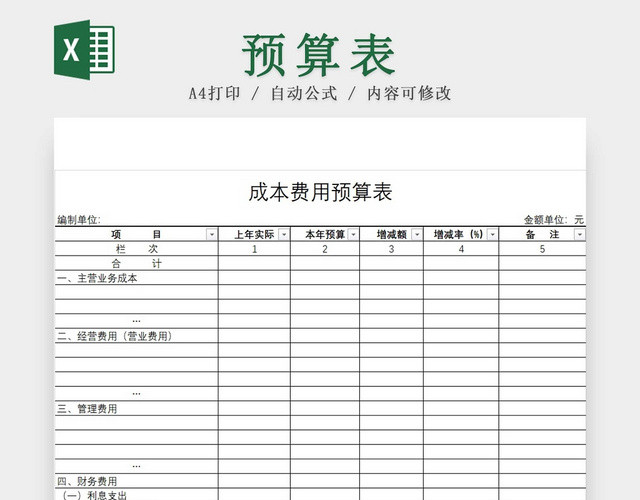 公司成本核算表工厂成本预算表费用预算表
