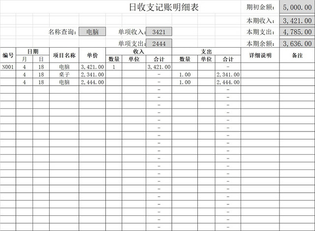 简约公司财务记账统计表资金明细日收支记账表