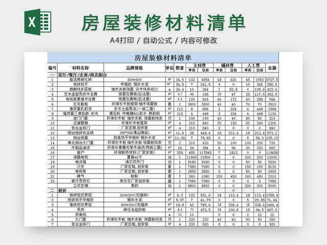 房屋装修材料清单