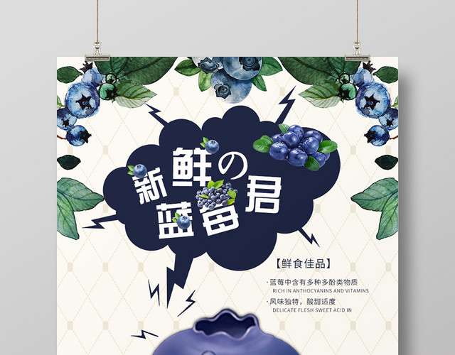 卡通插画新鲜蓝莓君水果海报