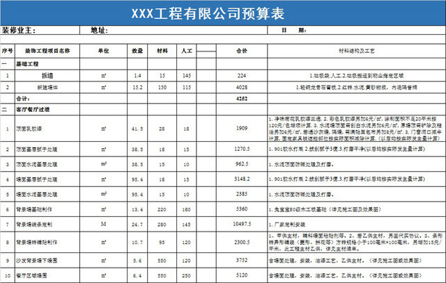 工程预算表