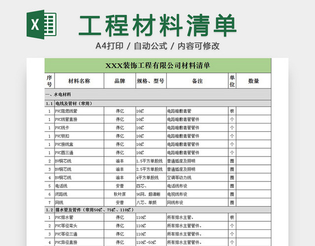 工程材料清单