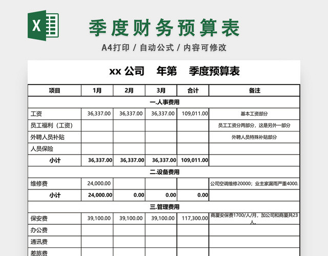 季度财务预算表EXCEL模板