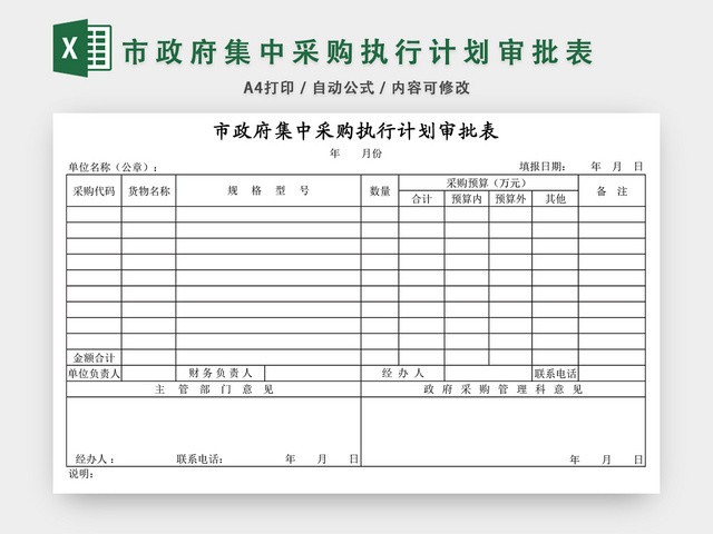 市政府集中采购执行计划审批表EXCEL模板