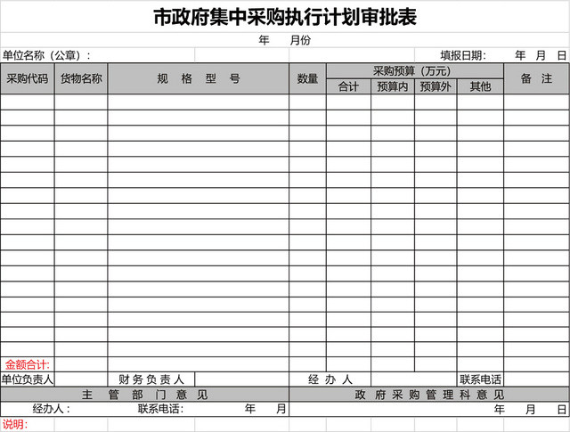 政府集中采购执行计划审批表EXCEL模板