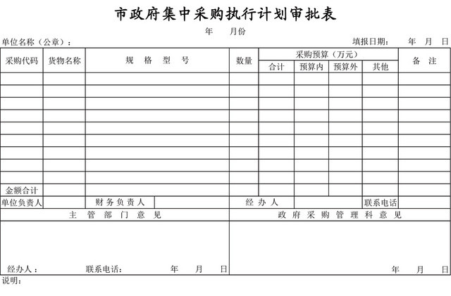 市政府集中采购执行计划审批表EXCEL模板