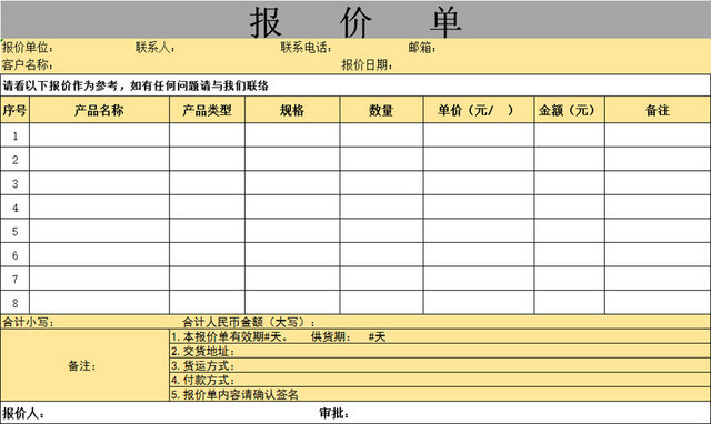 产品报价明细表采购清单