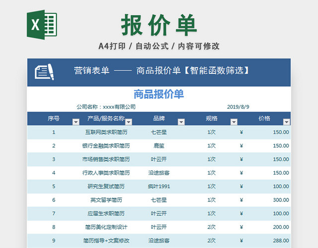 商品报价单采购预算清单