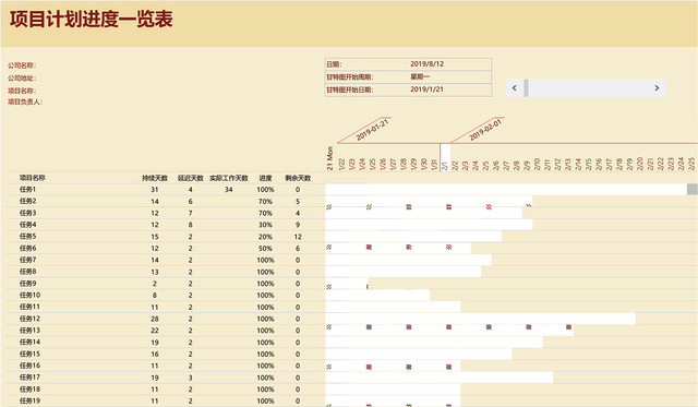 项目计划进度一览表EXCEL模板
