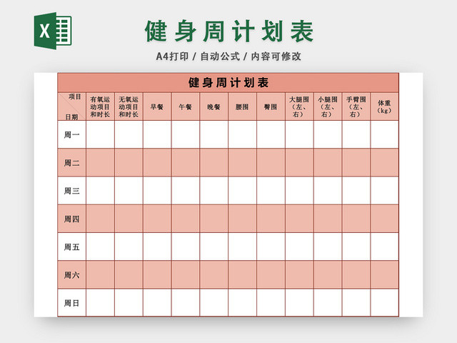 健身周计划表EXCEL模板