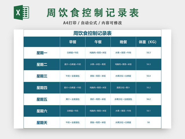 周饮食控制记录表计划表EXCEL模板