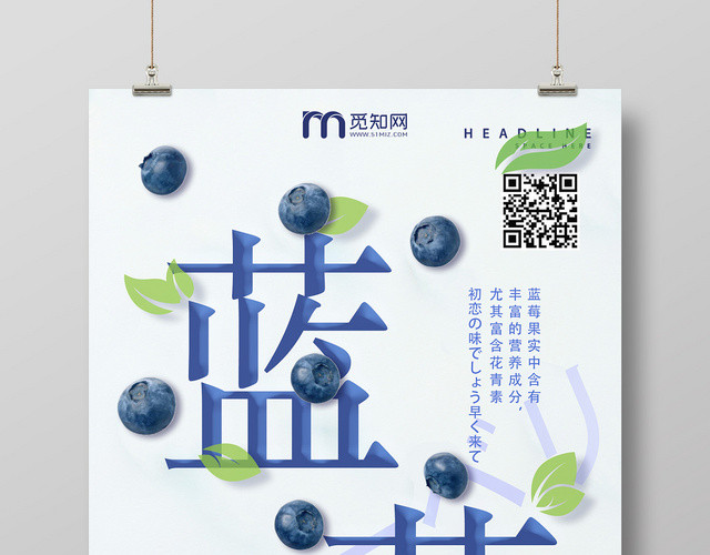 青色创意小清新水果蓝莓海报