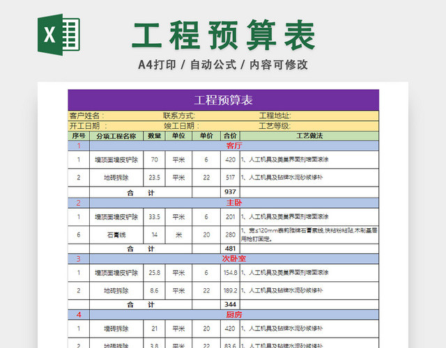 工程造价预算统计表