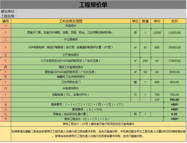 工程项目报价一览表