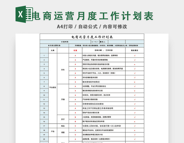 电商运营月度工作计划表EXCEL模板