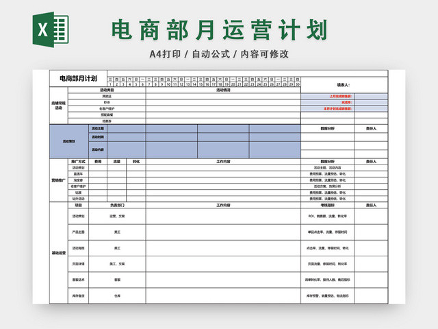 电商部月运营计划表EXCEL模板