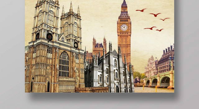简约大气复古黄色系英国印象旅游欧洲英国旅游海报