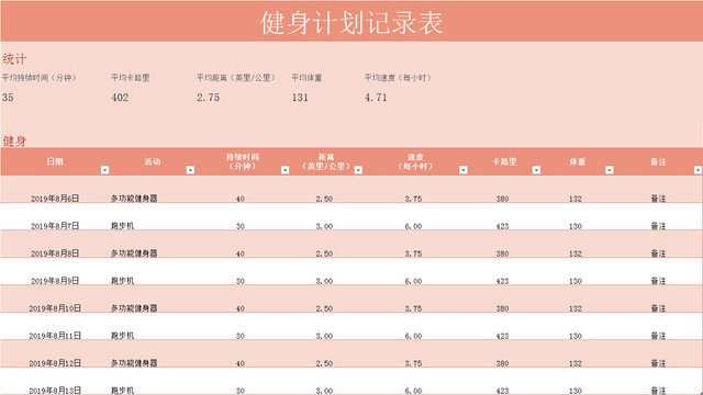 健身运动减肥计划表EXCEL模板