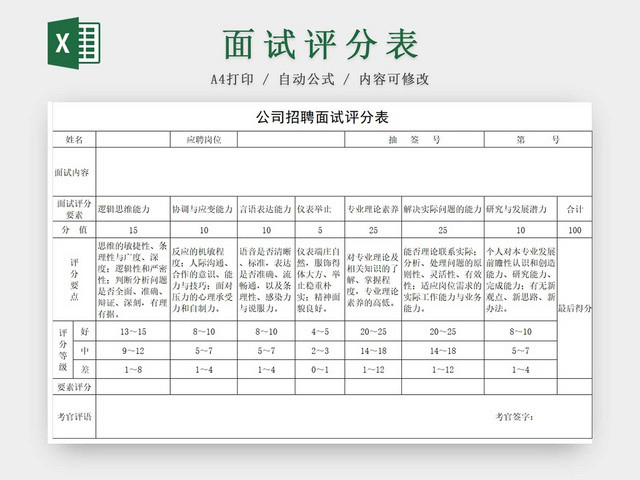 黑白简约公司招聘面试评分表人事登记表