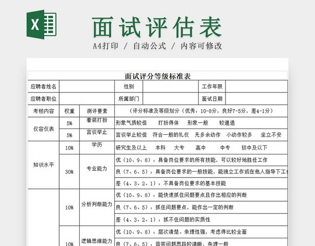 黑白简约面试评分等级标准表招聘登记表面试评估表