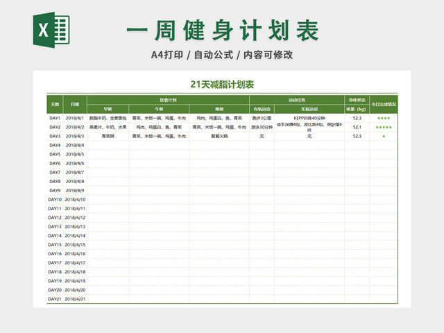 健身运动减肥计划表EXCEL模板