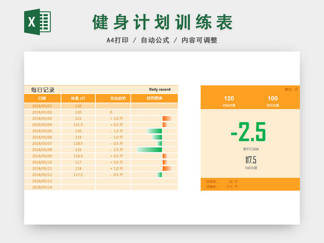 健身运动减肥计划表EXCEL模板